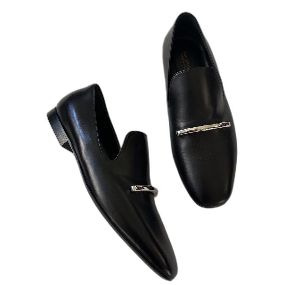 NEW Via Spiga Tallis Flat Loafers Black Leather Slip-On Quiet Luxury Preppy Chic